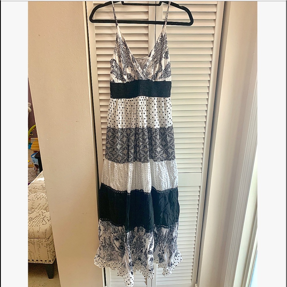 Cache Weekend White Black Print Tiered Maxi Dress